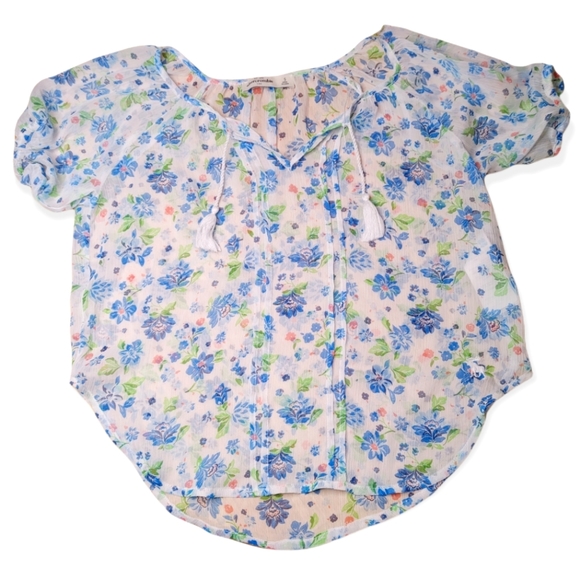 ❗$1 Bundled❗ABERCROMBIE KIDS White and Blue Floral Sheer Blouse - Picture 1 of 3